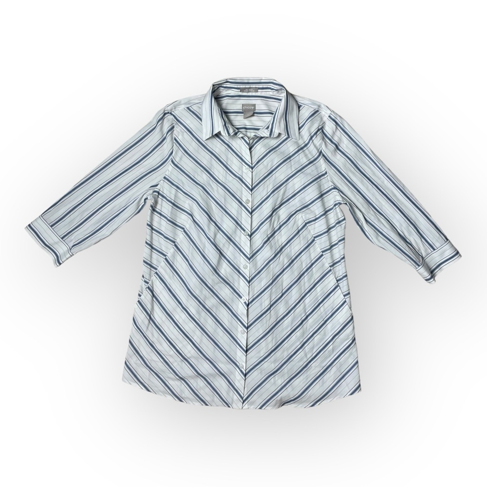 Chico's Blouse No-Iron Stain Shield Blue Stripped Cotton Button Up Top size 1 - Picture 1 of 10